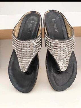 L'Amour Black Rhinestone Thong Sandals